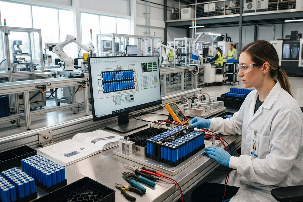 Engineer calculating the number of 18650 cells required for a 12V 100Ah lithium battery pack