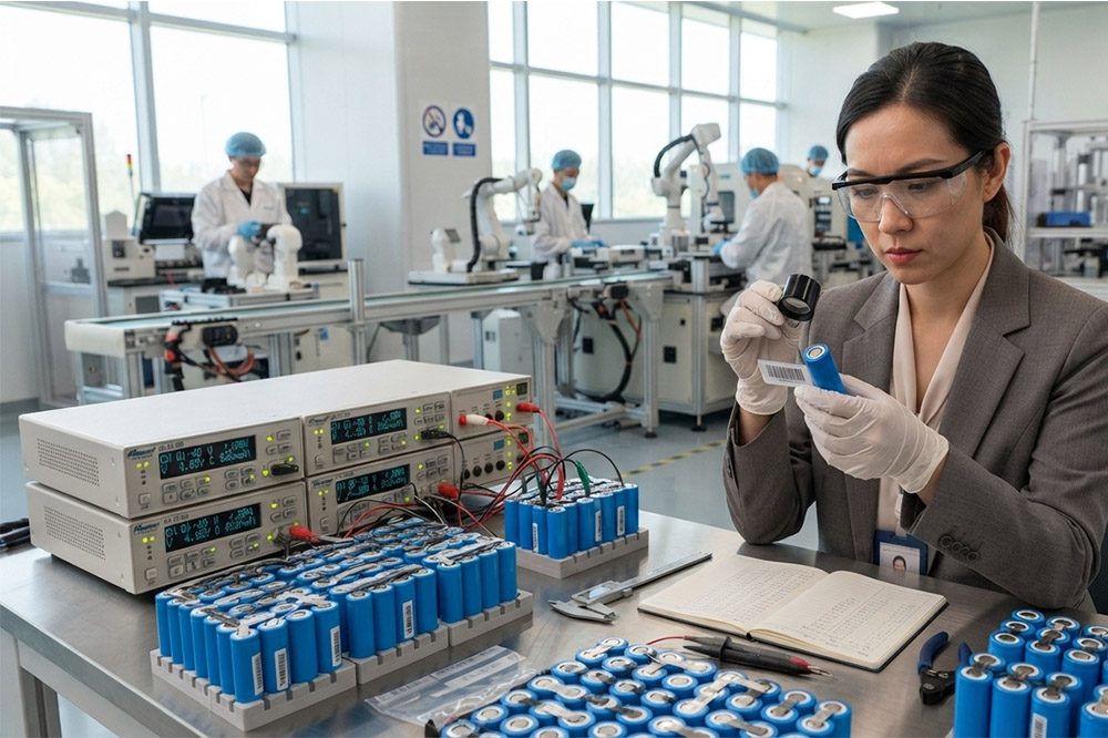 Purchasing manager inspecting genuine 18650 battery cells inside a professional Chinese battery factory