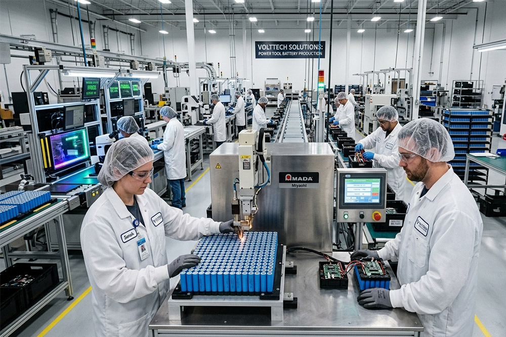 18650 power tool battery factory production line with workers assembling lithium battery packs
