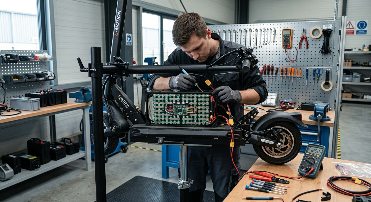 Technician installing external 18650 battery pack on an electric scooter for extended riding range