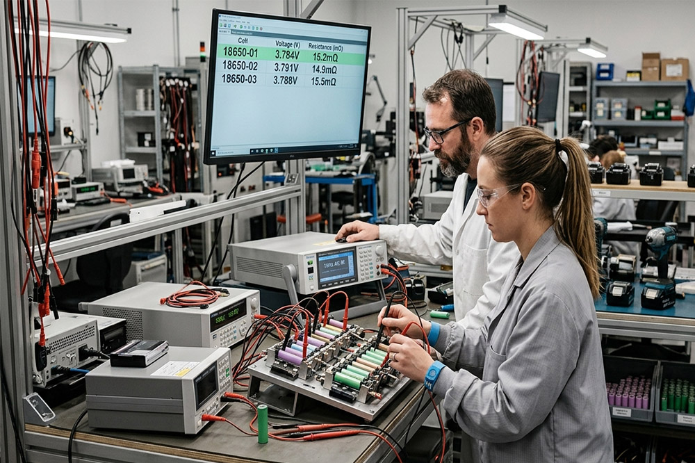 18650 lithium battery cells being tested for internal resistance and discharge performance in power tool applications