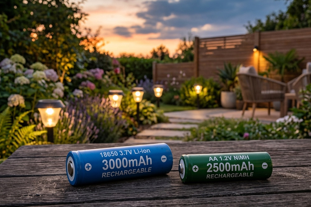 Lithium battery and NiMH rechargeable battery placed beside outdoor solar garden lights