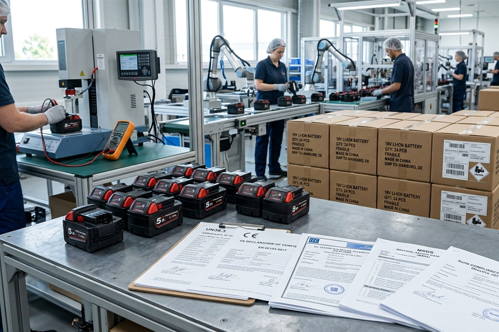 OEM power tool batteries with UN38.3, CE and IEC 62133 certification documents prepared for international export.
