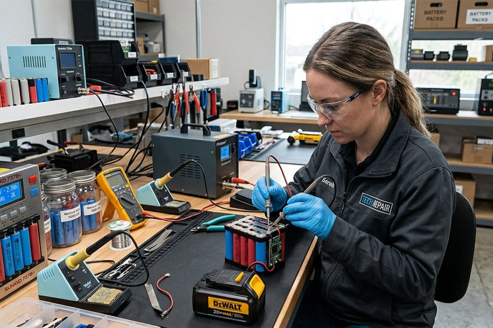 Technician refurbishing a cordless power tool battery pack using matched high-drain 18650 lithium-ion cells