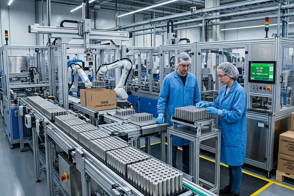 Wholesale 18650 battery orders being prepared in a modern lithium battery factory with packaging and quality inspection.