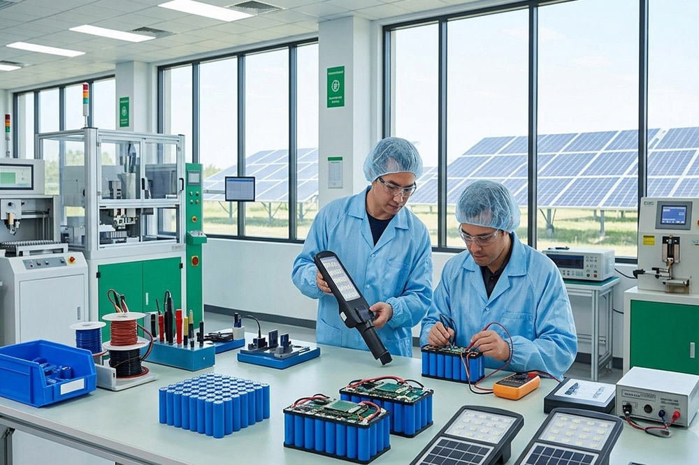 Wholesale rechargeable LiFePO4 and NiMH batteries for commercial solar lights displayed in a modern manufacturing environment