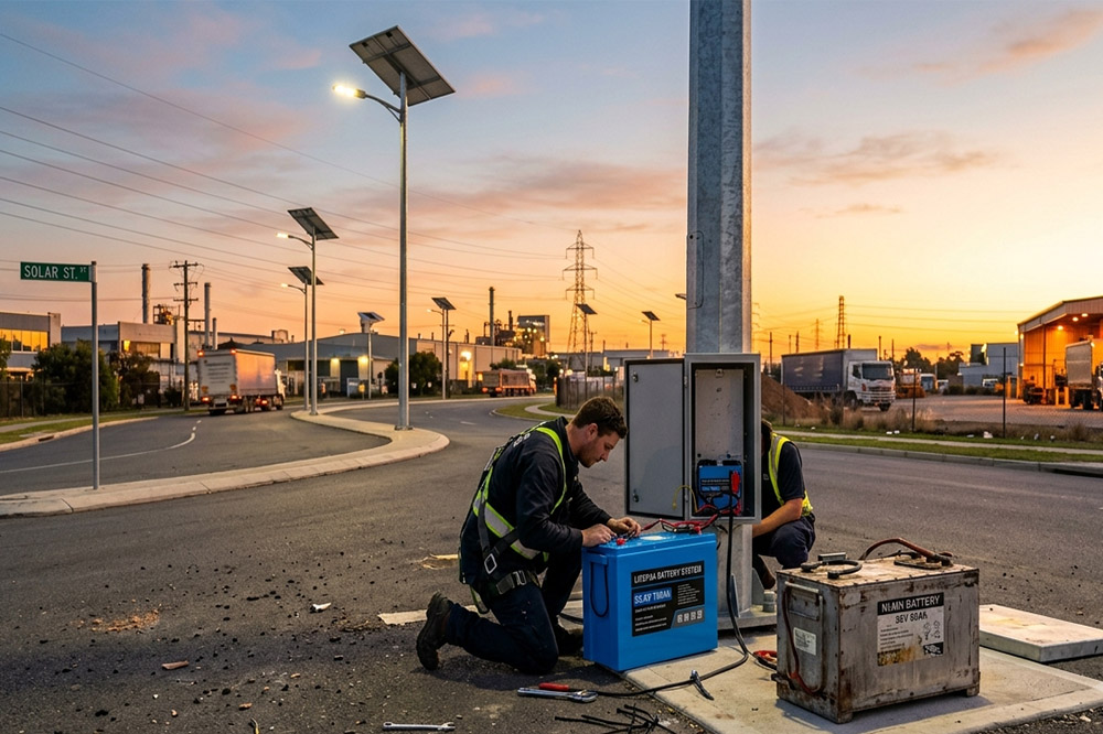 Commercial solar street lights powered by LiFePO4 batteries replacing traditional NiMH battery systems
