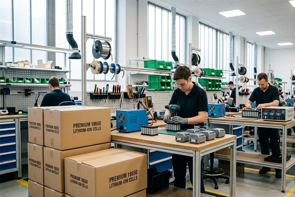 Battery repair shop purchasing premium 18650 lithium-ion cells in bulk for cordless tool battery rebuilding
