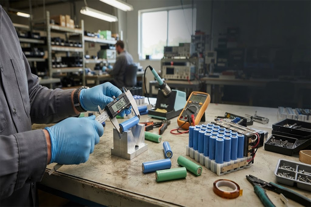 18650 lithium battery cells with dimensions being checked for battery pack design