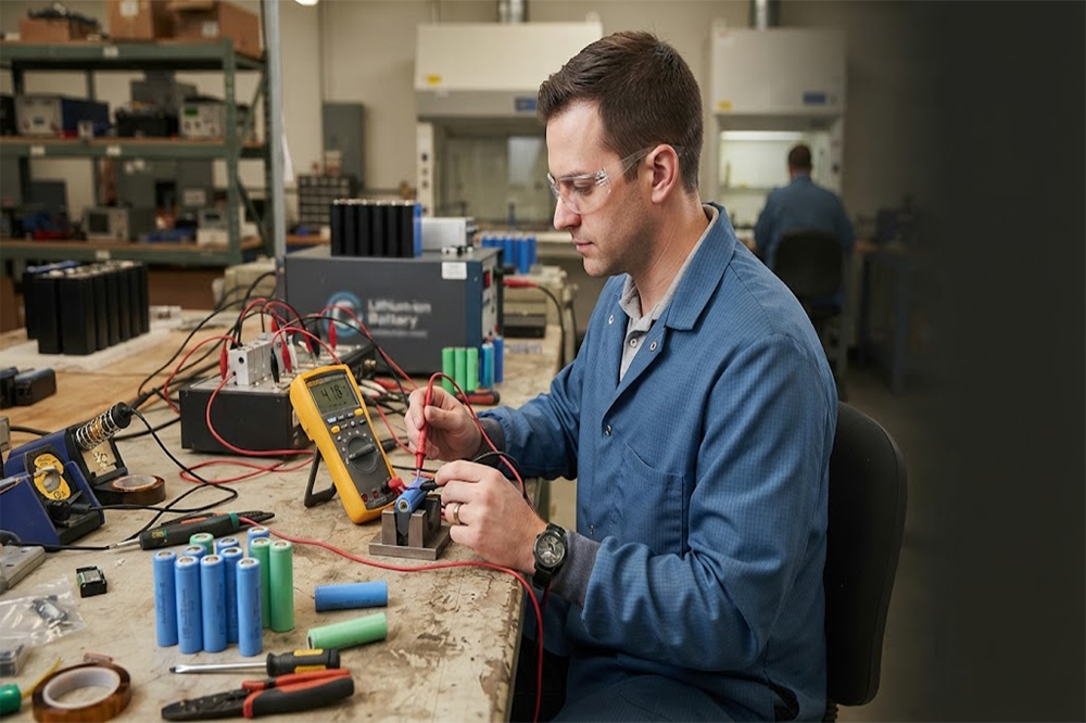 Engineer measuring 18650 lithium battery voltage with a digital multimeter