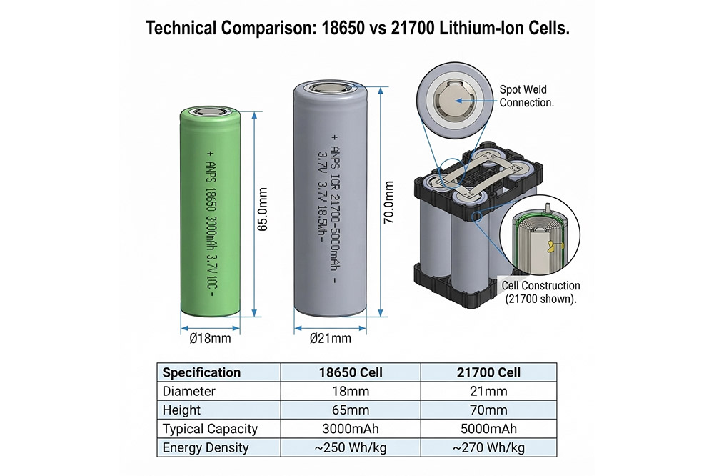 18650 and 21700 lithium battery cells comparison for power tool battery packs