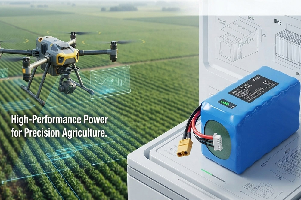 Commercial drone flying with high capacity UAV battery pack for long flight time
