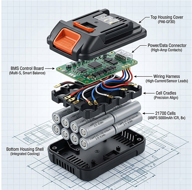 Internal structure of customized lithium battery pack for power tools