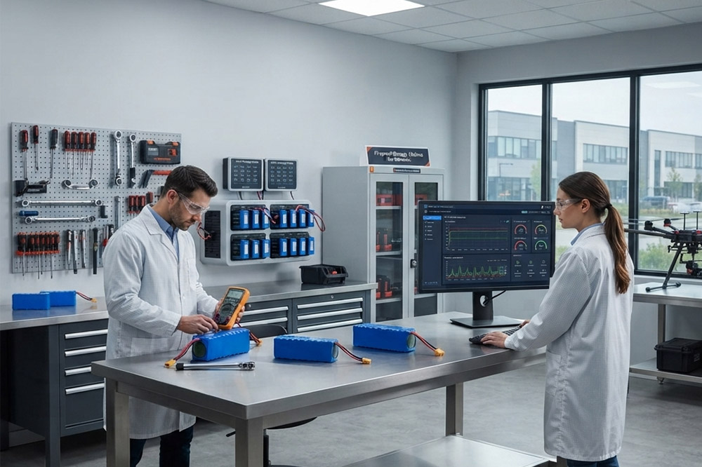 UAV battery maintenance process with lithium battery inspection and monitoring system