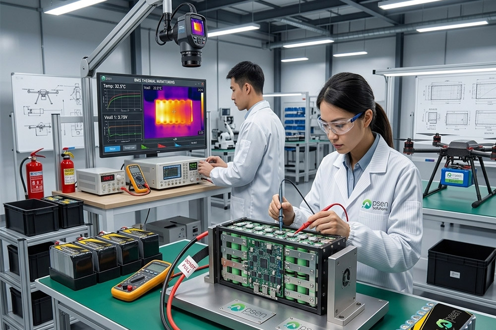 UAV battery safety testing with BMS and thermal monitoring system for commercial drones