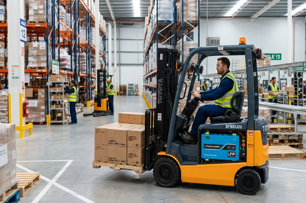 electric forklift operating with a visible lithium battery pack