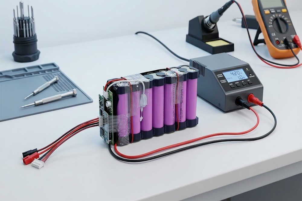 18650 battery pack connected to lithium-ion charger