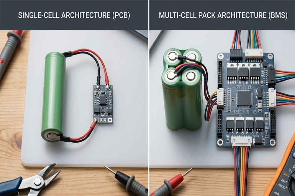 Comparison of a compact 18650 protection PCB and a battery management system board for lithium-ion battery packs
