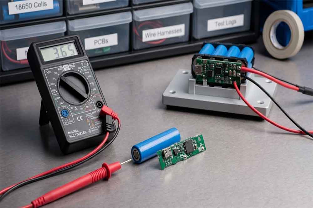 Protected 18650 lithium-ion battery with a compact protection circuit PCB on an engineering inspection workstation