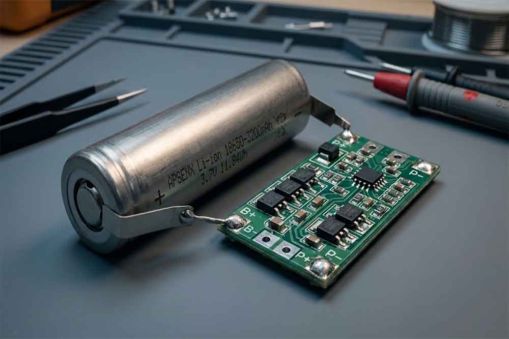 Compact protection PCB with MOSFET components for an 18650 lithium-ion battery