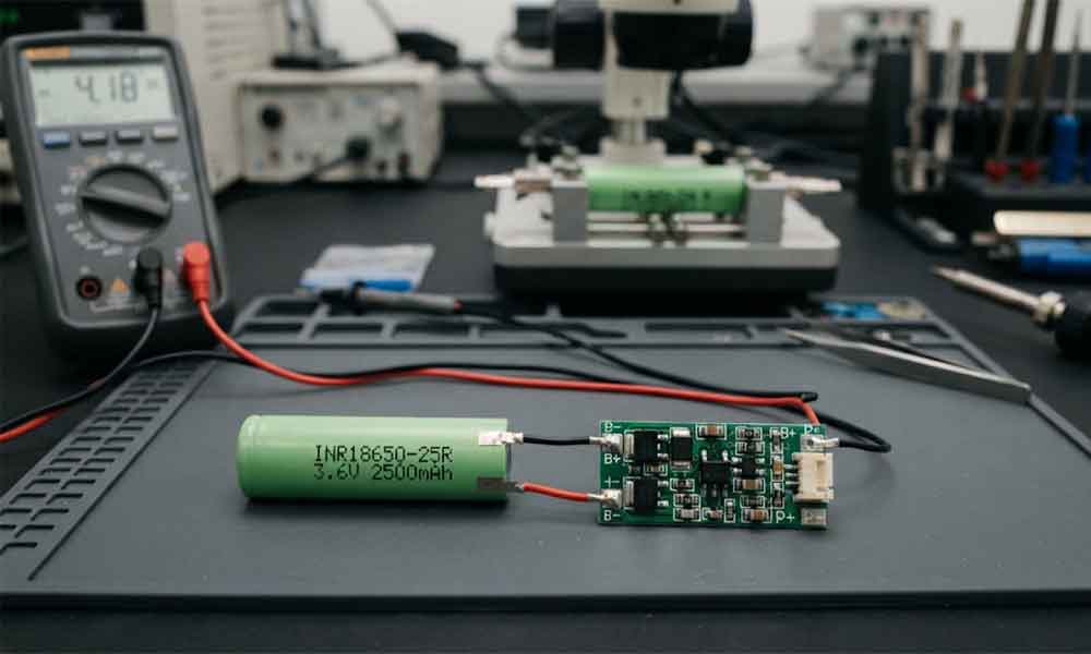 18650 lithium-ion battery protection circuit with a PCB and MOSFET components for overcharge, over-discharge, and short-circuit protection
