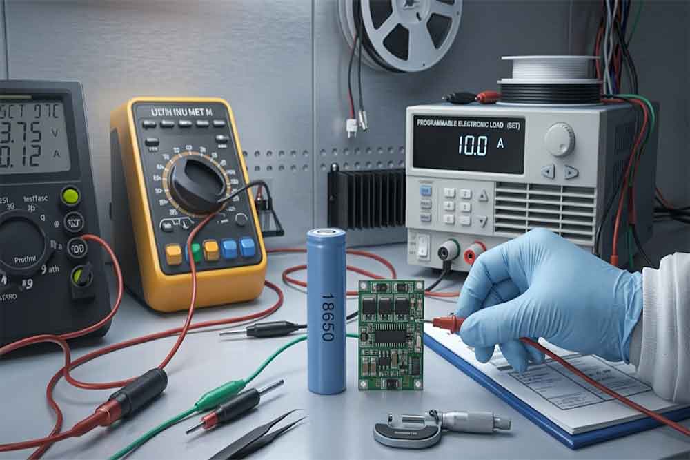 18650 lithium-ion battery connected to a protection PCB on an engineering bench for current rating evaluation