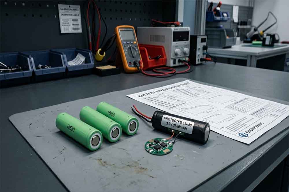 Protected 18650 lithium-ion battery with a protection circuit on an engineering workstation for capacity selection