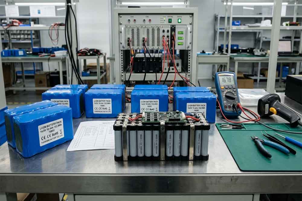 Protected 18650 lithium-ion battery pack manufactured with battery cells, BMS protection board, and quality inspection.