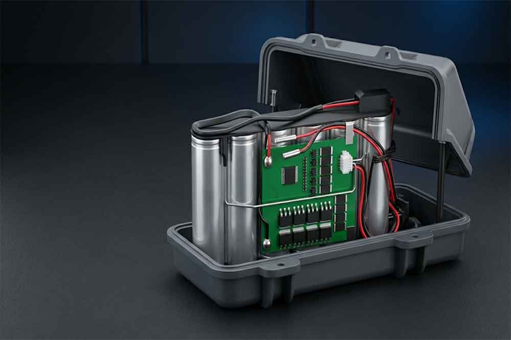 Protected 18650 battery pack with internal BMS protection circuit, cylindrical lithium-ion cells and industrial wiring layout.