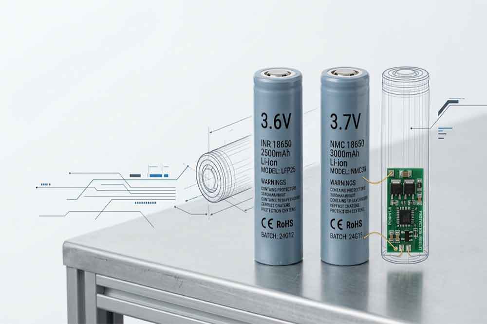 Protected 18650 lithium-ion batteries labeled 3.6V and 3.7V showing voltage rating differences and protection circuit design.